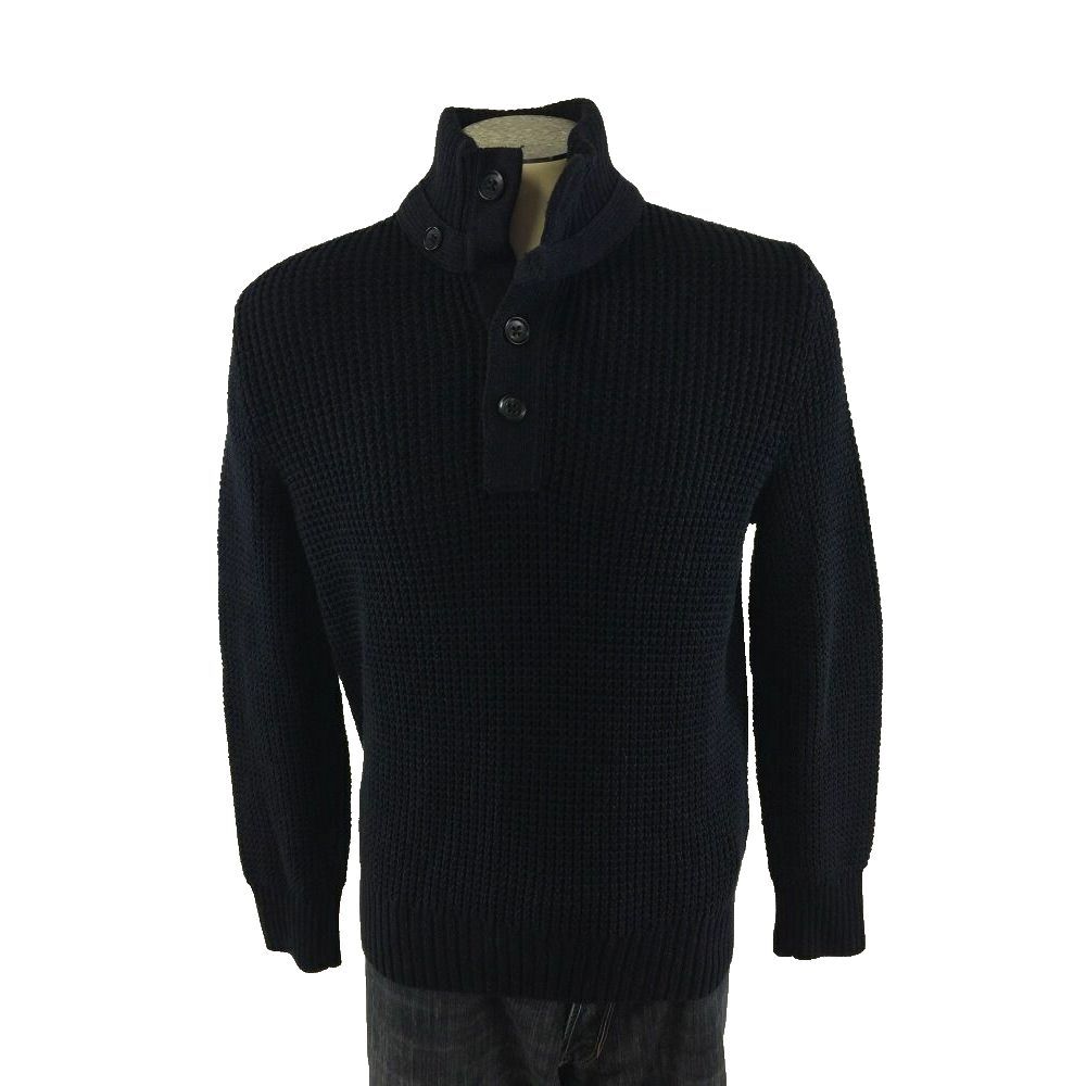 Banana Republic Mockneck Button Sweater L Large Blue Cotton‎ Ribbed Mens